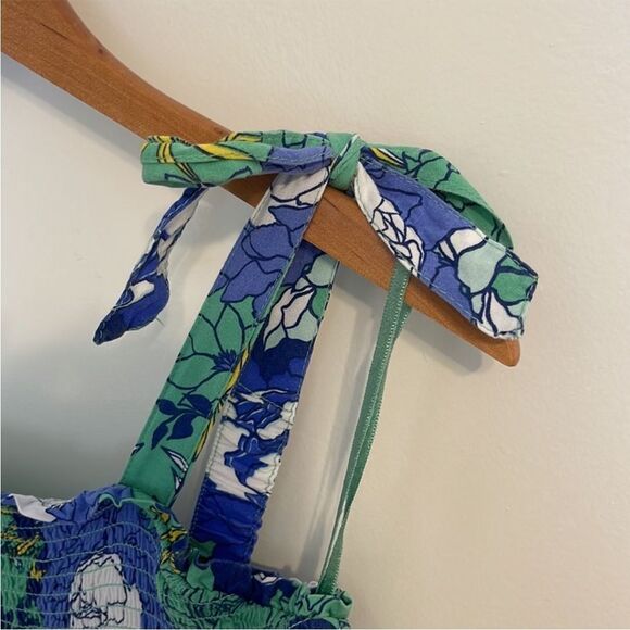 JAPNA BLUE GREEN FLORAL CUTOUT SMOCKED TIERED MAXI DRESS SIZE LARGE - Picture 4 of 10